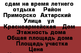сдам на время летнего отдыха  › Район ­ Приморско- Ахтарский › Улица ­ ул Красноармейская › Дом ­ 8 › Этажность дома ­ 2 › Общая площадь дома ­ 33 › Площадь участка ­ 600 › Цена ­ 300 - Краснодарский край, Приморско-Ахтарский р-н, Приморско-Ахтарск г. Недвижимость » Дома, коттеджи, дачи аренда   